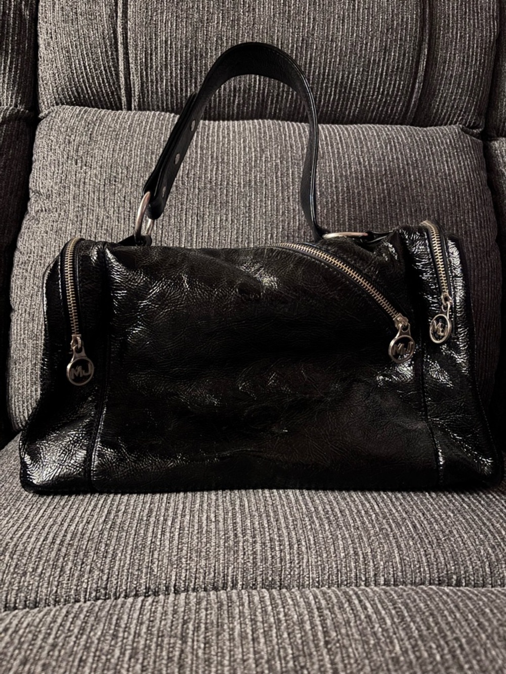 Black Patent Leather Shoulder Bag with Silver Hardware
